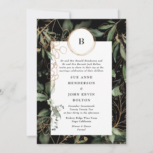 Premium Black Gold Monogram Botanical Eucalyptus Invitation