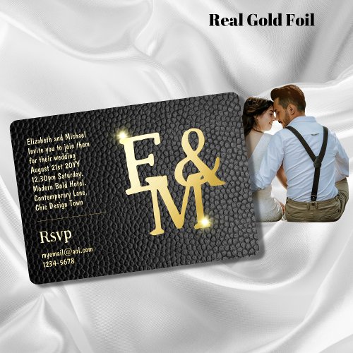 Premium Black Gold Monogram Photo Leather Look Foi Foil Invitation