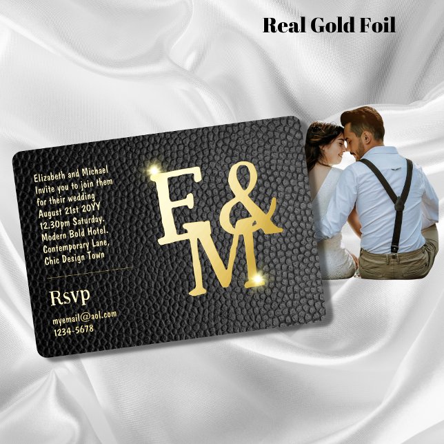 Premium Black Gold Monogram Photo Leather Look Foi Foil Invitation (Creator Uploaded)