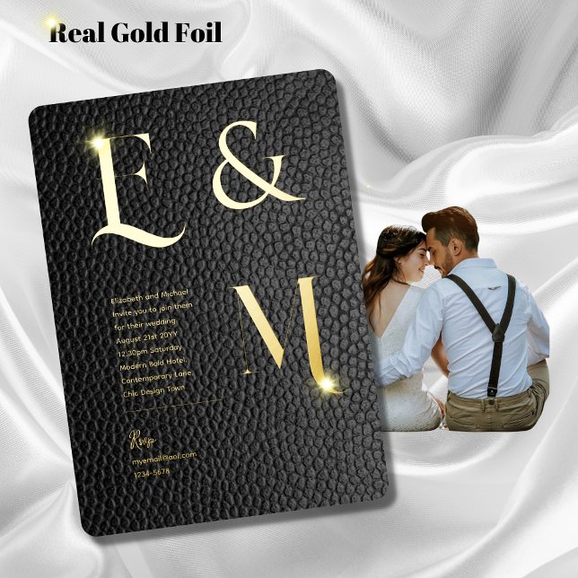 Premium Black Gold Monogram Photo Leather Look Foil Invitation (Creator Uploaded)