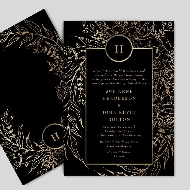 Premium Black Gold Monogram Wreath Wedding Invitation (Creator Uploaded)