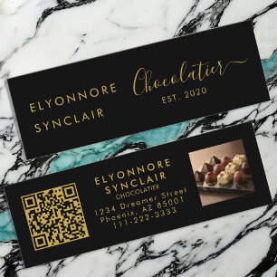 Premium Black Gold Script Chocolatier QR Code Mini Business Card