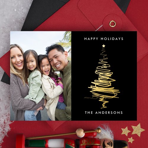 Premium Black Line Gold Christmas Tree Photo Happy Foil Holiday Card