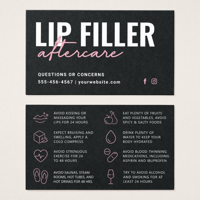 Premium Black Lip Filler Aftercare Advice Card (Front & Back)
