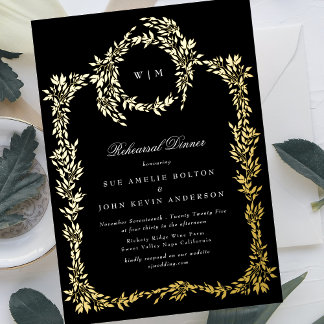 Premium Black Monogram Gold Crest Rehearsal Dinner Foil Invitation