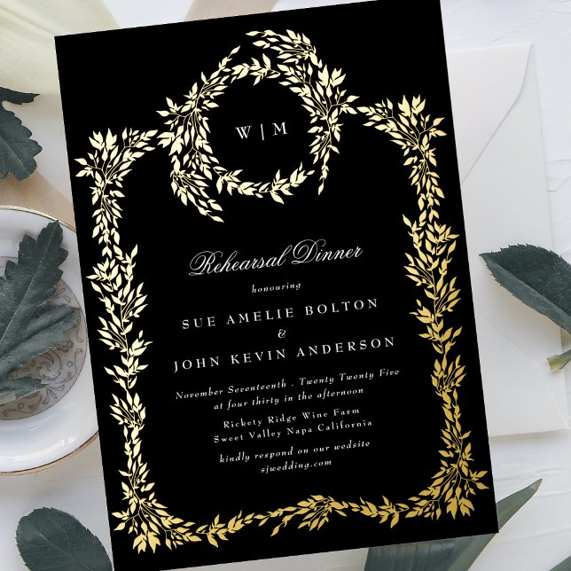 Premium Black Monogram Gold Crest Rehearsal Dinner Foil Invitation (Creator Uploaded)