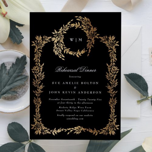 Premium Black Monogram Gold Crest Rehearsal Dinner Invitation