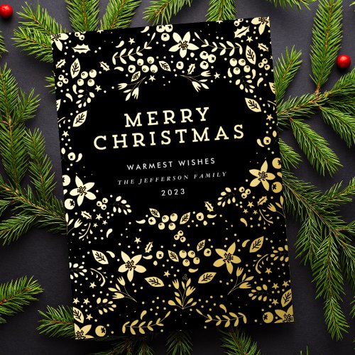 Premium Black Onyx Gold Merry Christmas Florals Foil Holiday Card