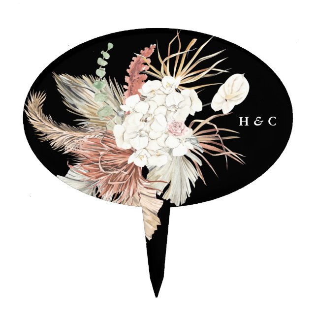 Premium Black Pampas Dried Grass Floral Wedding Cake Topper (Front)