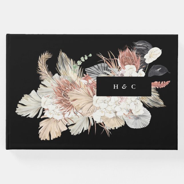 Premium Black Pampas Grass Tropical Floral Wedding Guest Book (Front)