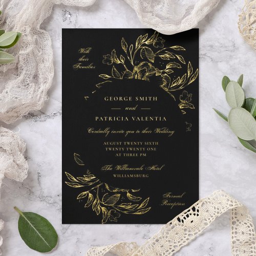 Premium Black Real Gold Floral Hand Drawn Wedding Foil Invitation