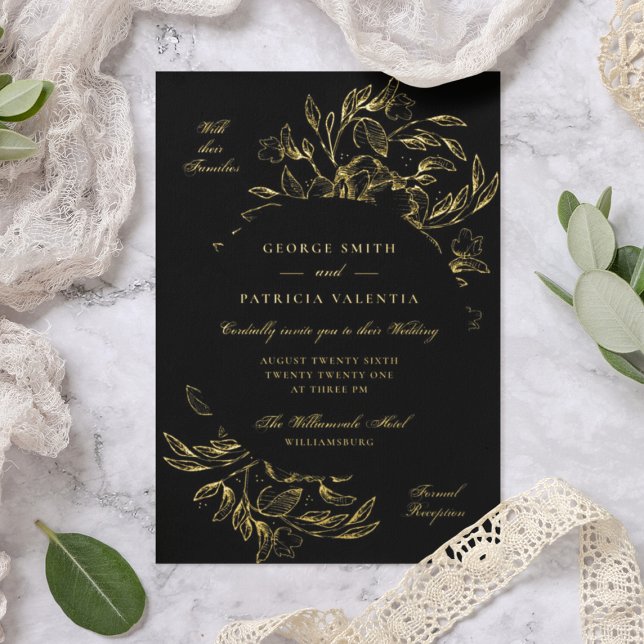 Premium Black Real Gold Floral Hand Drawn Wedding Foil Invitation (Creator Uploaded)