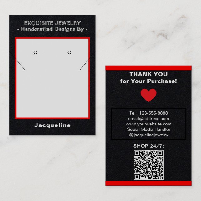 Premium Black Red Necklace Earrings QR  Business Card (Front/Back)