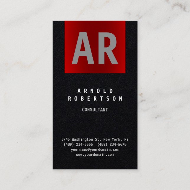 Premium Black Red Trendy Monogram Business Card (Front)