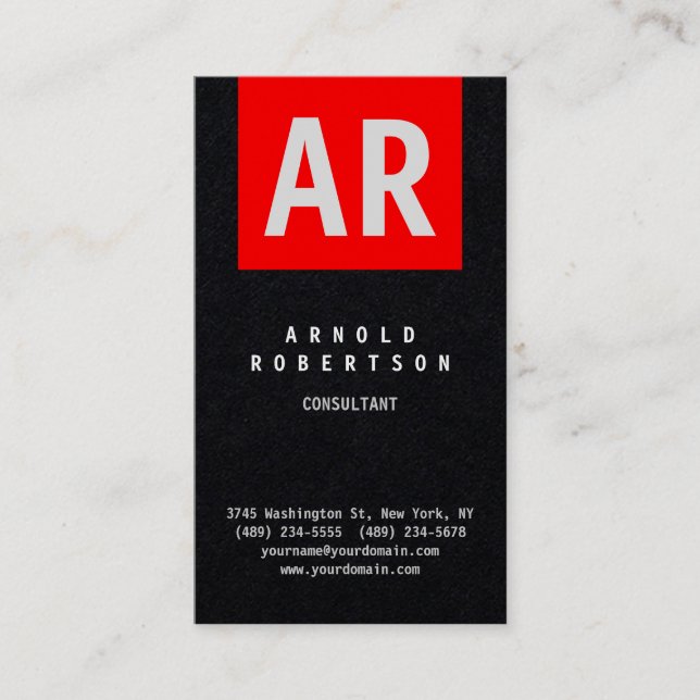 Premium Black Red Trendy Monogram Plain Business Card (Front)