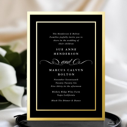Premium Black Tie Calligraphy Gold Frame Wedding Foil Invitation