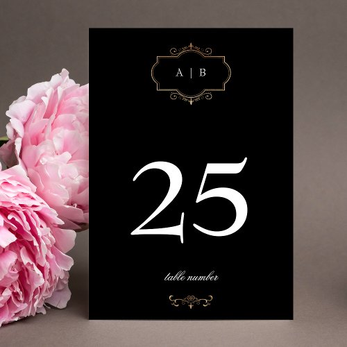 premium black white classic gold monogram wedding table number