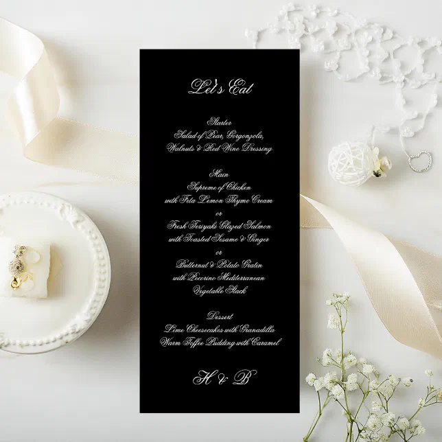 Script Style Menun Premium Black & White Formal Script Wedding Menu | Zazzle