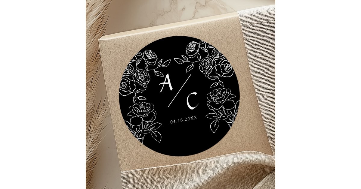 Premium Black & White French Roses Wedding Classic Round Sticker | Zazzle