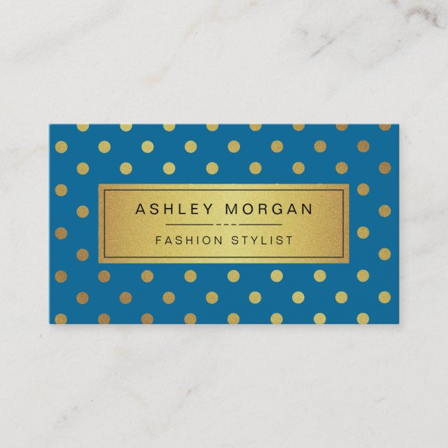 Premium Blue and Gold Glitter Polka Dots Business Card (Front)