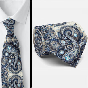 Premium Blue and White Diamond Paisley Neck Tie