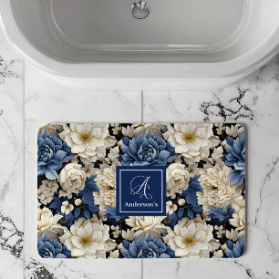 Premium Blue White Flowers Custom Name Bath Mat