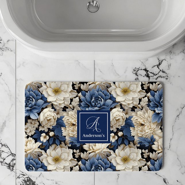 Premium Blue White Flowers Custom Name Bath Mat (Premium Blue White Flowers Custom Name Bath Mat)