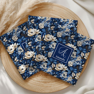 Premium Blue White Flowers Custom Name Cloth Napkin