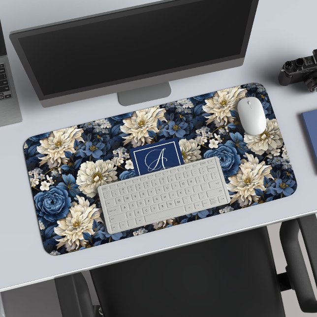 Premium Blue White Flowers Custom Name Desk Mat (Premium Blue White Flowers Custom Name Desk Mat)
