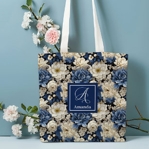 Premium Blue White Flowers Custom Name Tote Bag