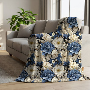 Premium Blue White Ivory Floral Cozy Throw Blanket