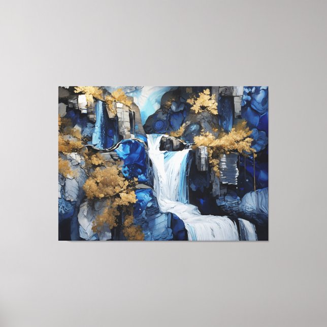Premium Blue & White Waterfall Scenery Paint Art Canvas Print (Front)