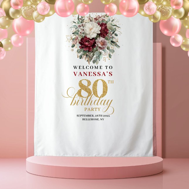Premium Blush Floral 80th Birthday Backdrop (Premium Blush Floral 80th Birthday Backdrop)