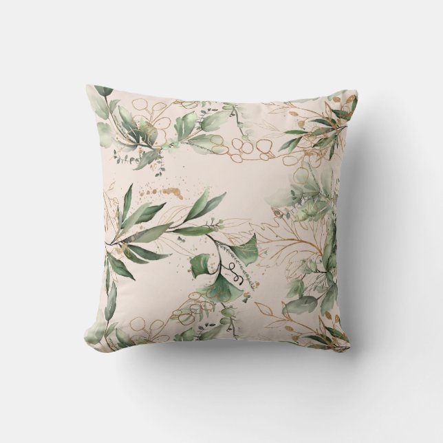 Premium Blush Modern Eucalyptus Green throw pillow (Front)