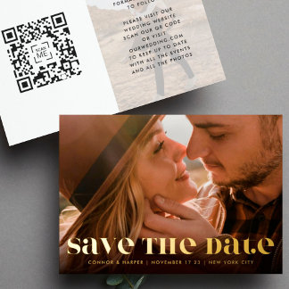 Premium Bold Modern QR CODE Photo Save The Date Foil Invitation
