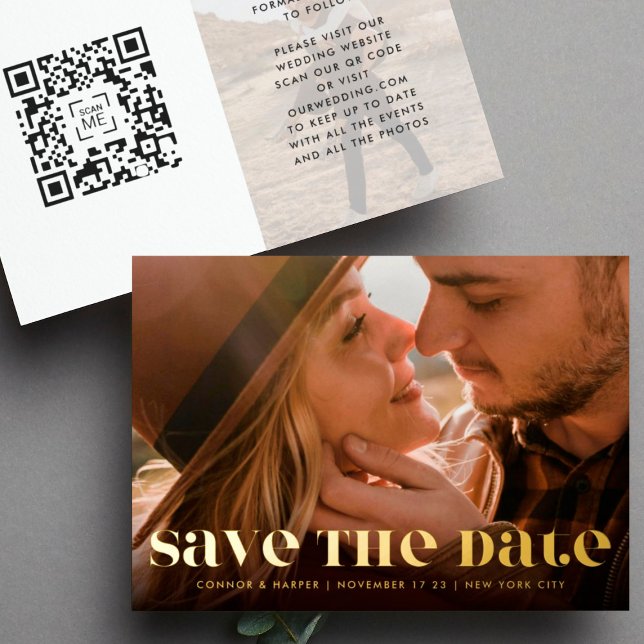 Premium Bold Modern QR CODE Photo Save The Date Foil Invitation (Creator Uploaded)