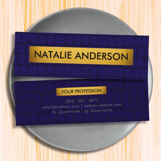Premium Crocodile Texture Navy Blue & Gold Mini Business Card (Creator Uploaded)