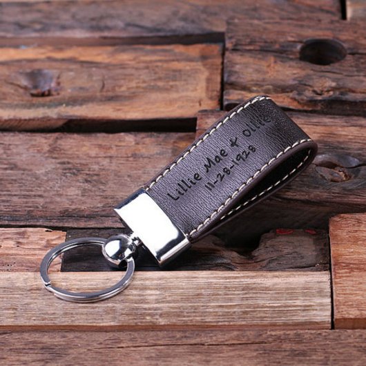 Premium Dark Brown Engraved Faux Leather Keychain (Top)