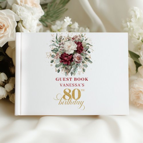 Premium Deep Red Floral 80th Birthday Guest Book