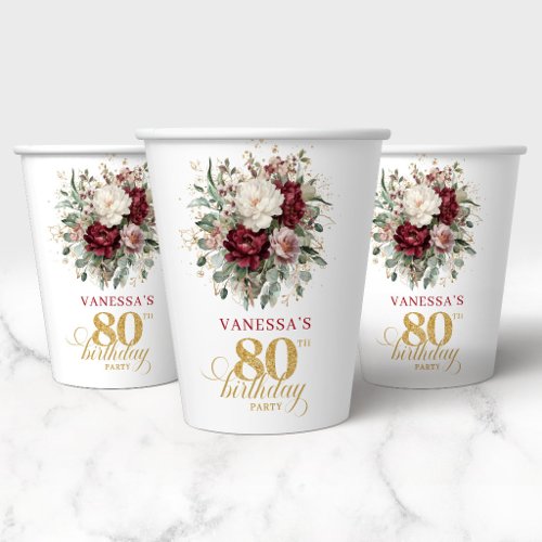 Premium Deep Red Floral 80th Birthday Paper Cups