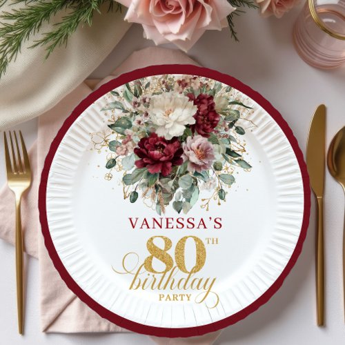 Premium Deep Red Floral 80th Birthday Paper Plates