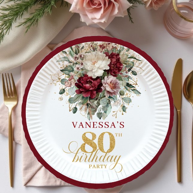 Premium Deep Red Floral 80th Birthday Paper Plates (Premium Deep Red Floral 80th Birthday Paper Plates)