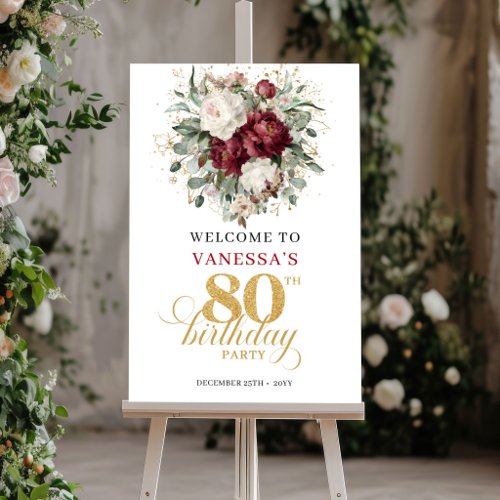 Premium Deep Red Floral 80th Birthday Welcome Sign