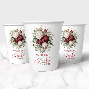 Premium Deep Red Floral Bridal Shower Paper Cups