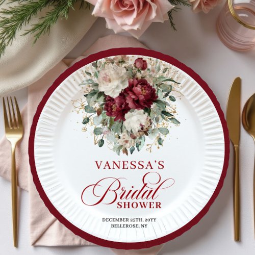 Premium Deep Red Floral Bridal Shower Paper Plates