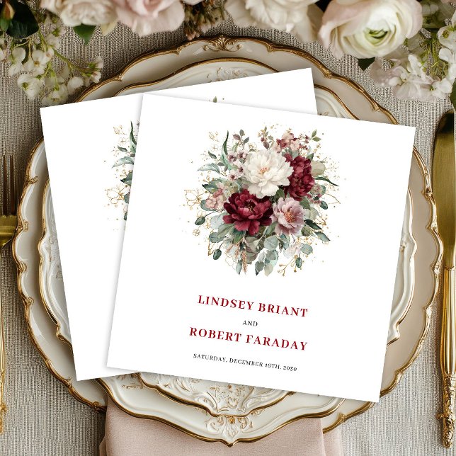 Premium Deep Red Floral Eucalyptus Gold Napkins (Premium Deep Red Floral Eucalyptus Gold Napkins)