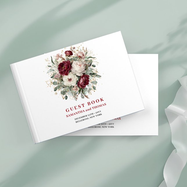 Premium Deep Red Floral Eucalyptus Guest Book (Premium Deep Red Floral Eucalyptus Guest Book)