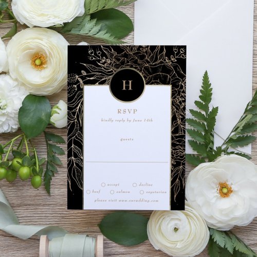 Premium Elegant Black Gold Monogram Wreath Wedding RSVP Card