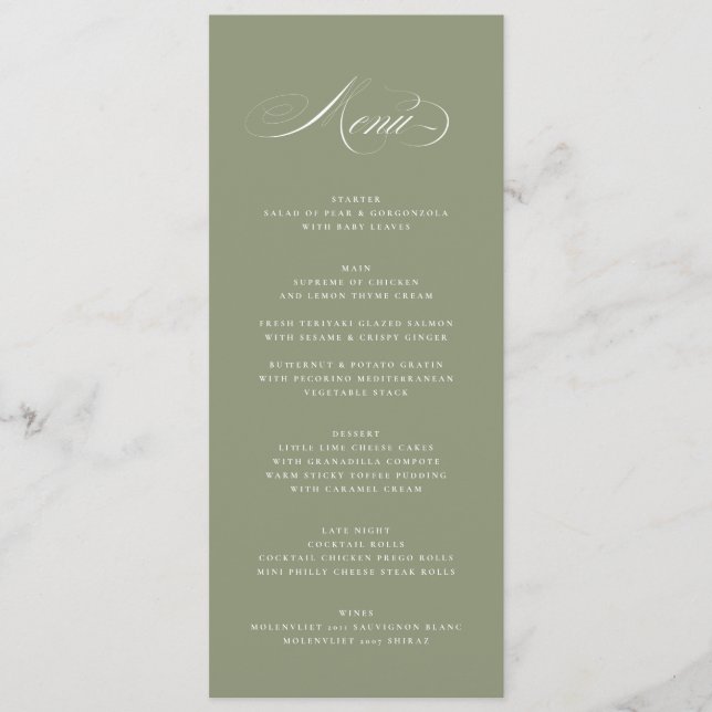 Premium Elegant Calligraphy Sage Green Wedding Menu (Front)
