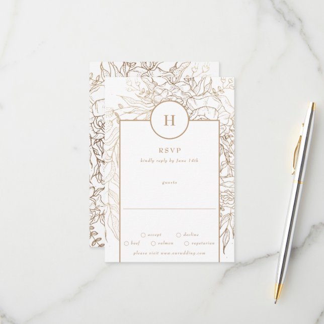 Premium Elegant Gold Monogram Wreath Wedding RSVP Card (Front/Back In Situ)